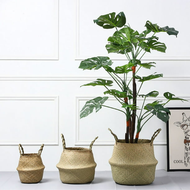 Wicker Woven Plant Basket Foldable Seagrass Flower Pots Storage Laundry Bag Deco